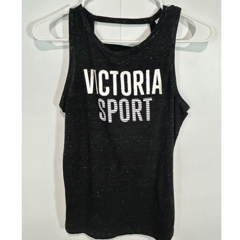 Victorias Secret Tank Top Women Small Black Logo Strappy Open Back Athleisure